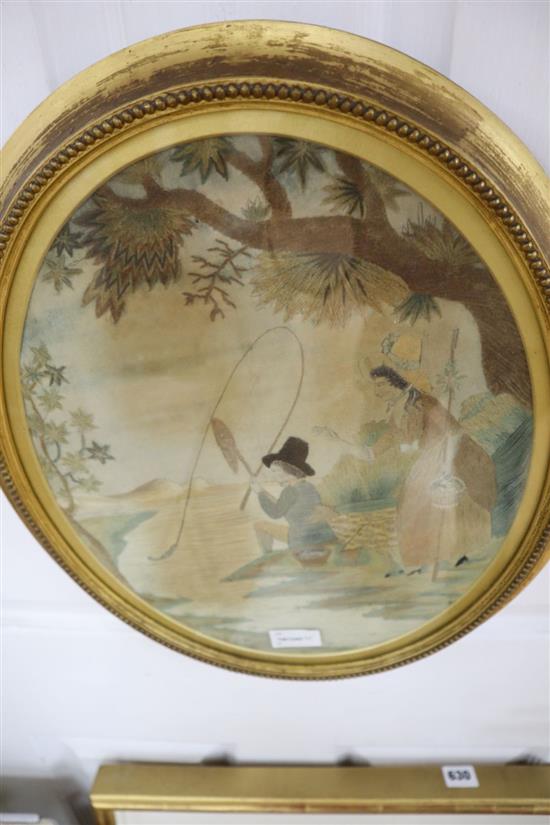 A pair of early 19th century oval needlework pictures, one of a couple, the other of an angler and shepherdess, gilt frames, H 37cm